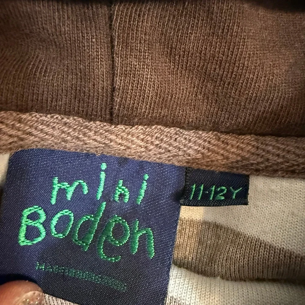 Mini Boden girls light blue/brown hoodie velvet hoodie‎ dress 11/12